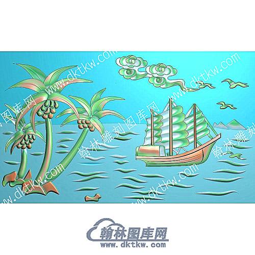 中式椰树帆船祥云海鸥精雕图（ZSSS-153）