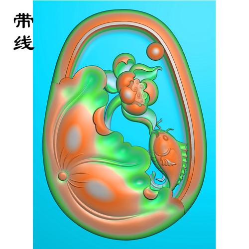 椭圆荷花鱼精雕图(GJY-034)