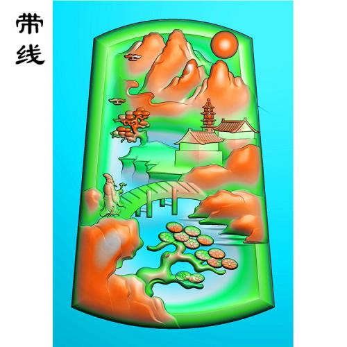 山水建筑挂件精雕图(SSG-029)