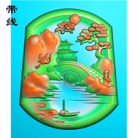 山水建筑松鹤挂件精雕图(SSG-038)