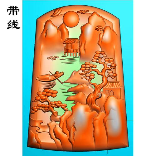 山水建筑松鹤挂件精雕图(SSG-067)