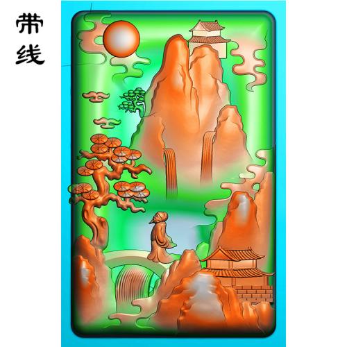 山水建筑挂件精雕图(SSG-073)