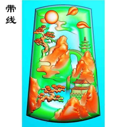 山水建筑挂件精雕图(SSG-087)