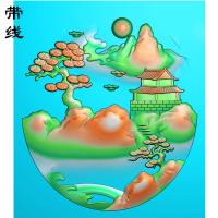 山水建筑松鹤挂件精雕图(SSG-211)