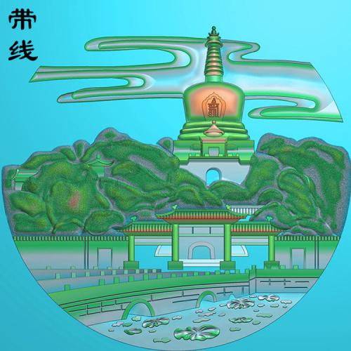 公园山水建筑挂件精雕图(QTG-005)