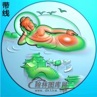 山水建筑躺身佛佛像精雕图（LFX-020)